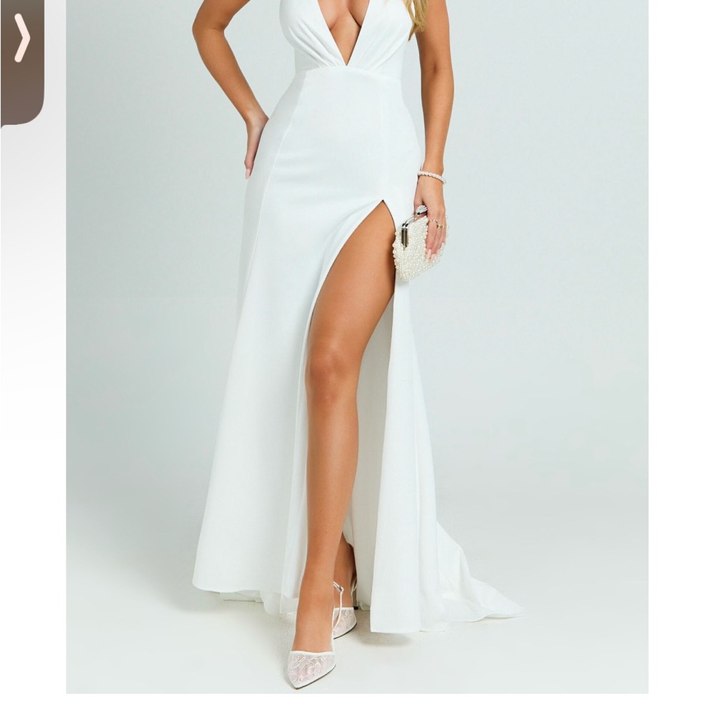 Showpo MIRANDA MAXI DRESS - PLUNGE HALTER FIT AND FLARE DRESS IN OFF WHITE
